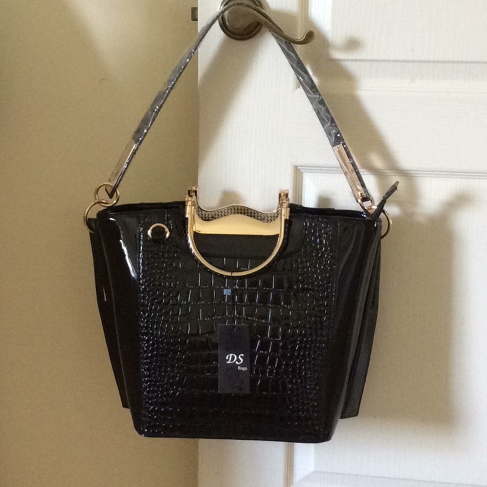 Faux Patent Leather crocodile design gold handles